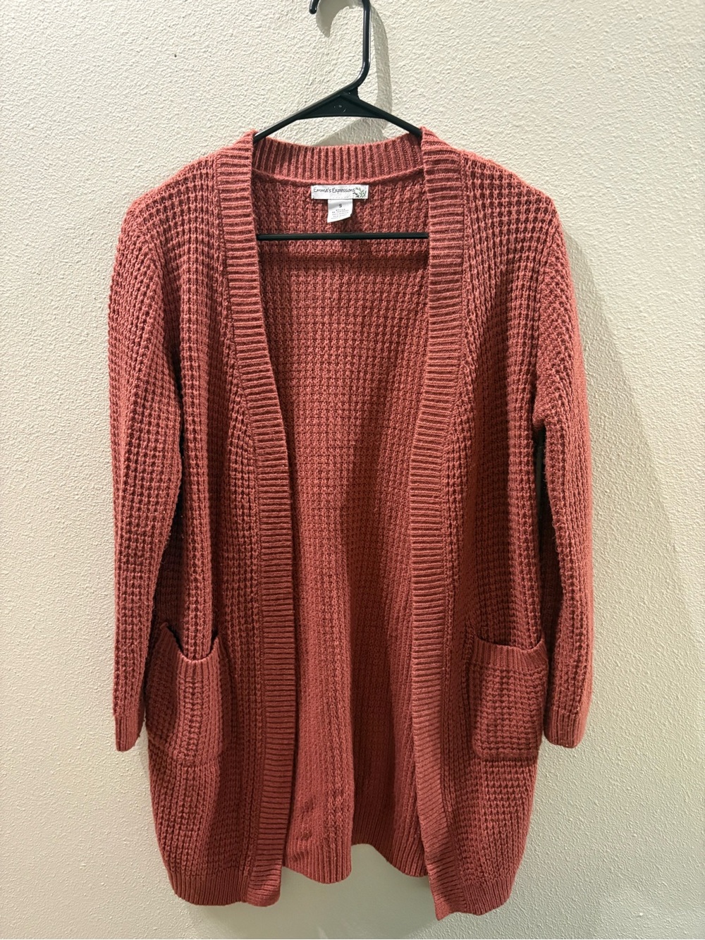 Emma's Expressions Terracotta Waffle Knit Open Front Pocket Cardigan Size S